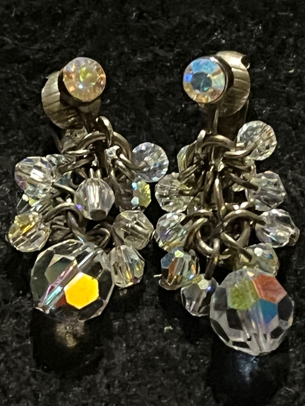 Aurora Borealis Crystal Glass Bead Cluster Dangle Clip-On Earrings
